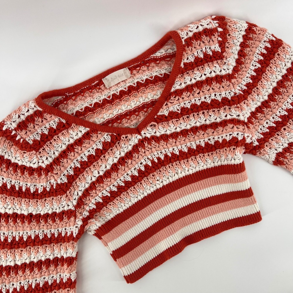 Altar'd State Women Small Crop Sweater Striped Crochet V-Neck Balloon Top